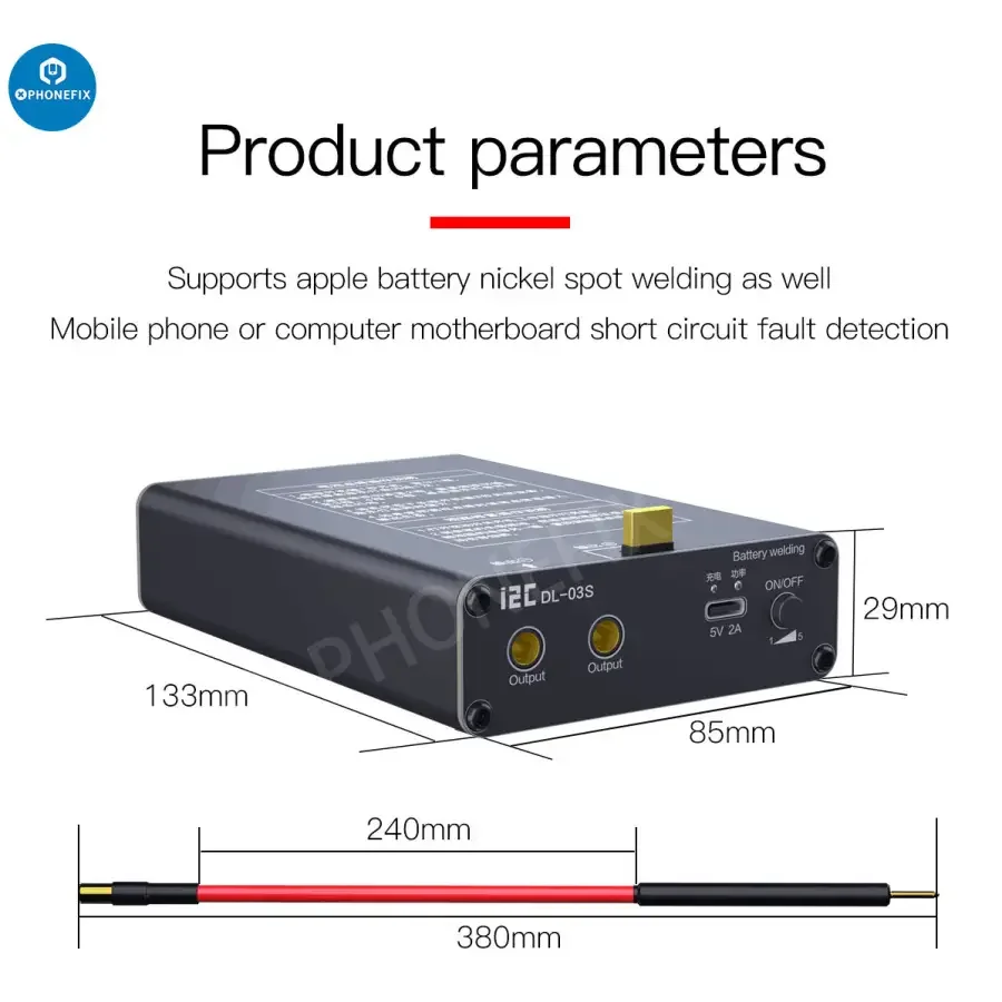 I2C DL-03S Mini Spot Welder Machine for battery short circuit repair, compact PCB soldering tool by PHONEFIX, with welding tips visible.