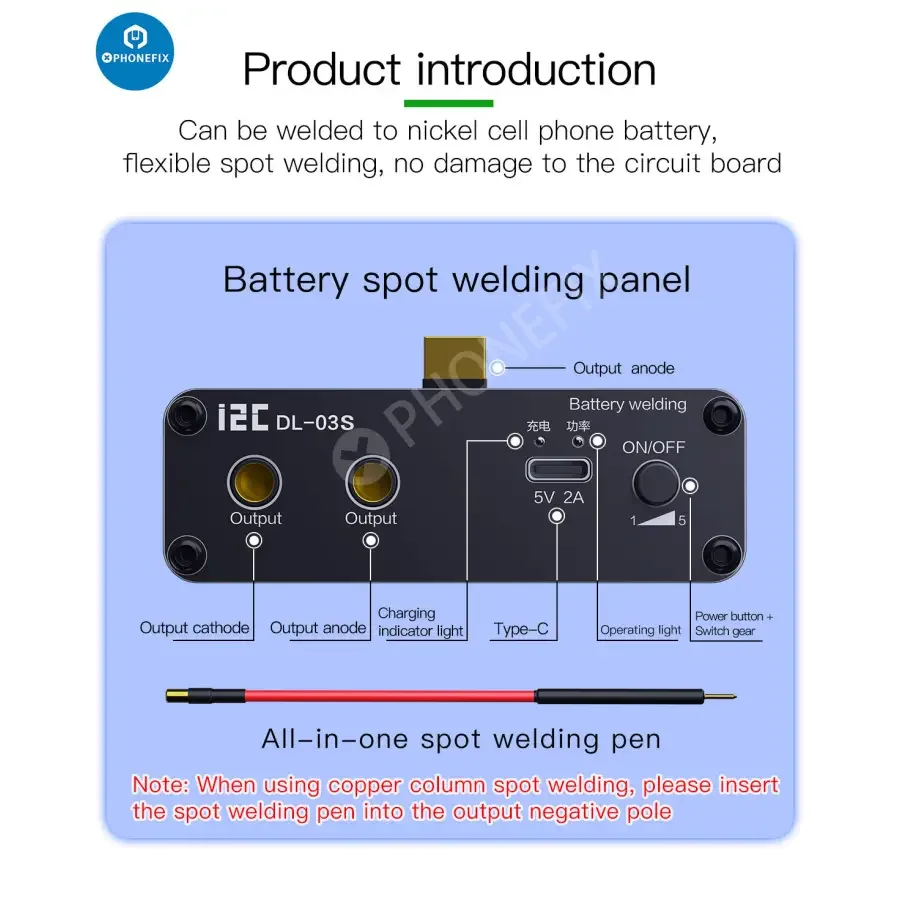 I2C DL-03S Mini Spot Welder Machine for battery short circuit repair, compact PCB soldering tool by PHONEFIX with metal tips.