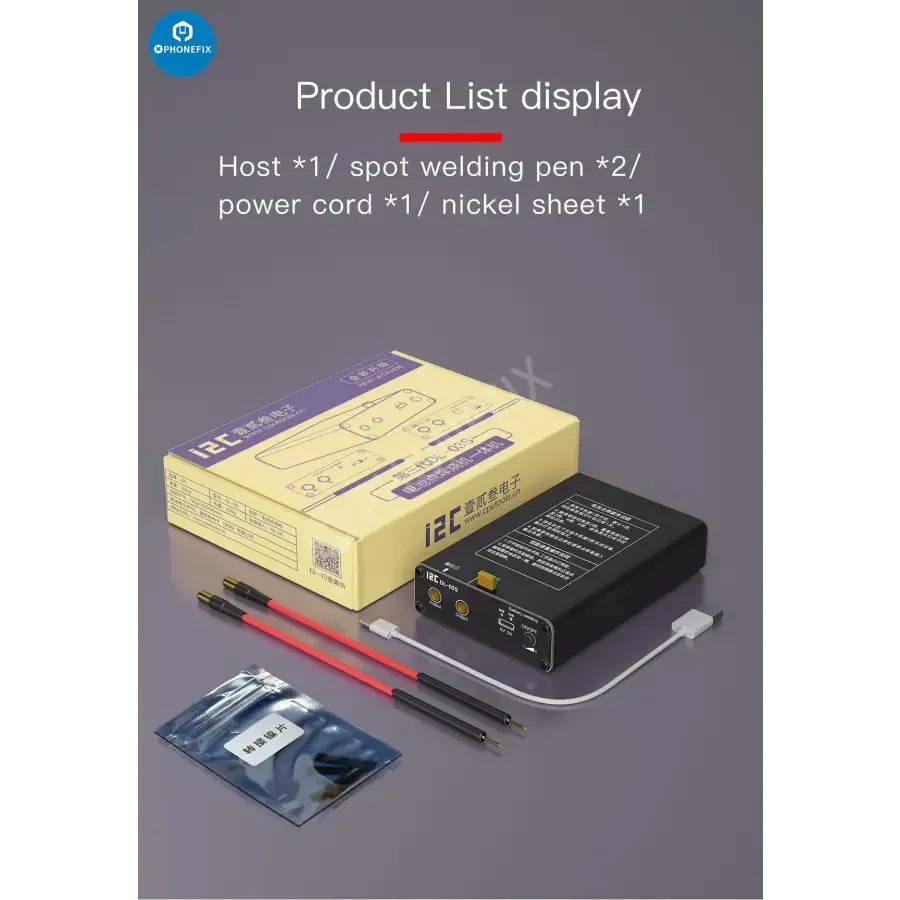 I2C DL-03S Mini Spot Welder Machine for battery short circuit repair, a PCB soldering tool by PHONEFIX, with compact design and welding tips.
