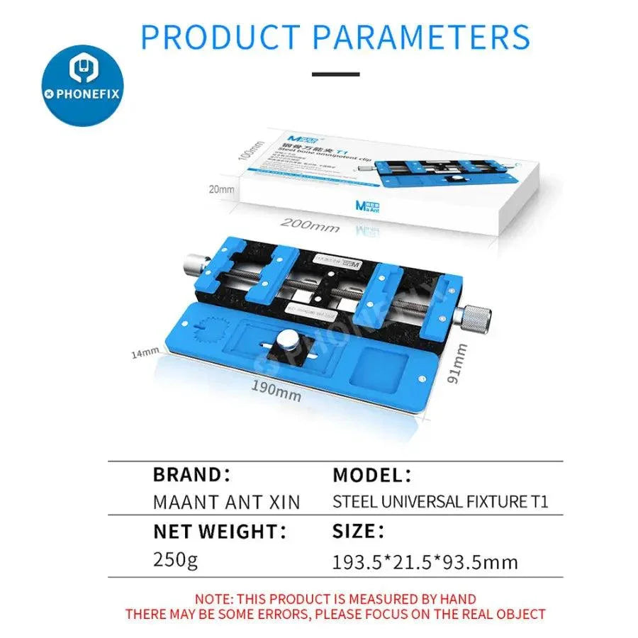 MaAnt-T1 universal PCB holder and soldering fixture for circuit boards and motherboards, used in electronics repair and assembly.