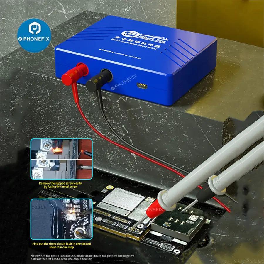 PHONEFIX Mechainc iShort Pro Shortkiller PCB circuit fault detector box for detecting PCB soldering faults, compact and portable.