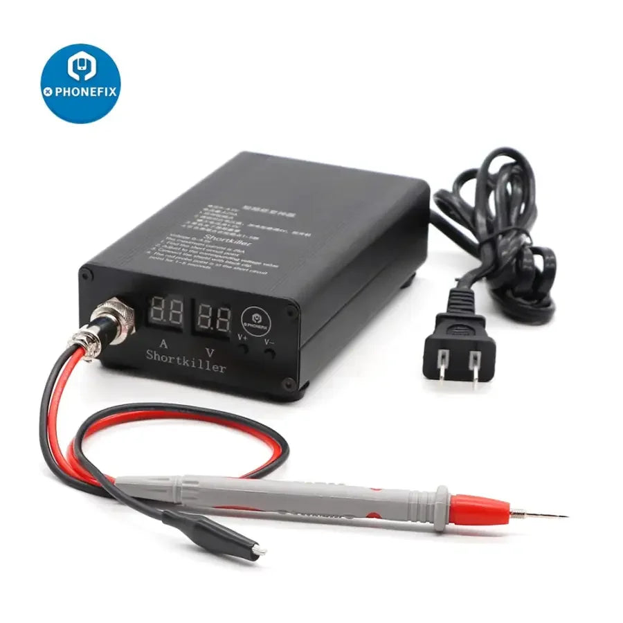 Phonefix Shortkiller Burning Detection Box for mobile short circuit motherboard repair, PCB soldering tool in black.