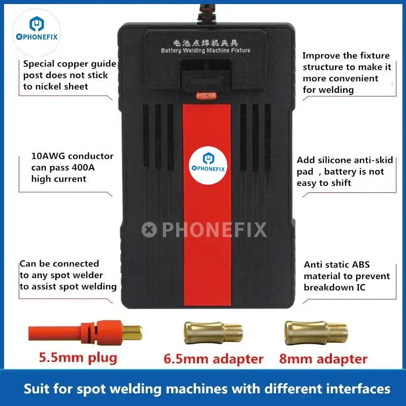 PHONEFIX W23 universal battery fixture for spot welding machine, used for PCB soldering and battery assembly.