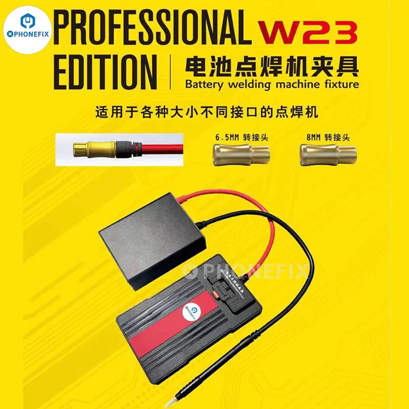 PHONEFIX W23 universal battery fixture for spot welding machine, used for PCB soldering and battery repair in electronic work.