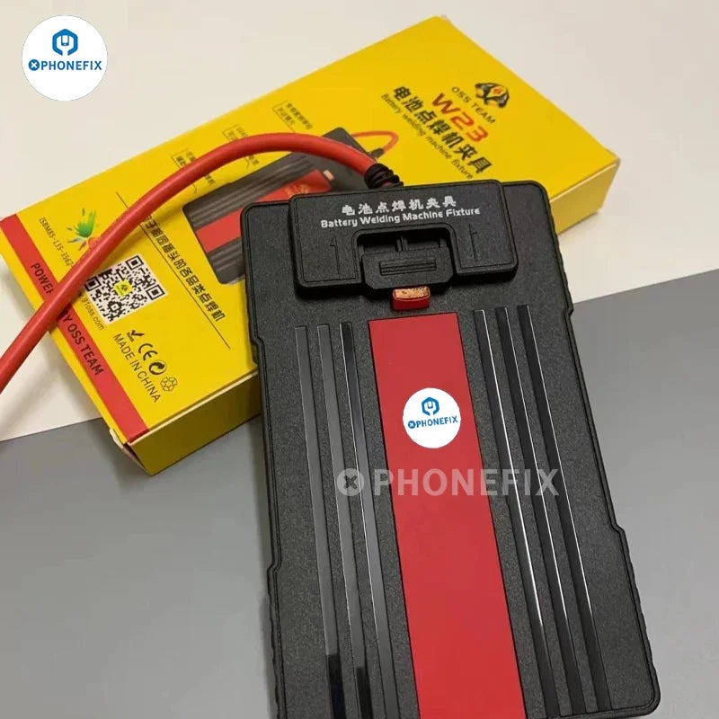 PHONEFIX W23 universal battery fixture for spot welding machine, used for PCB soldering and battery assembly.