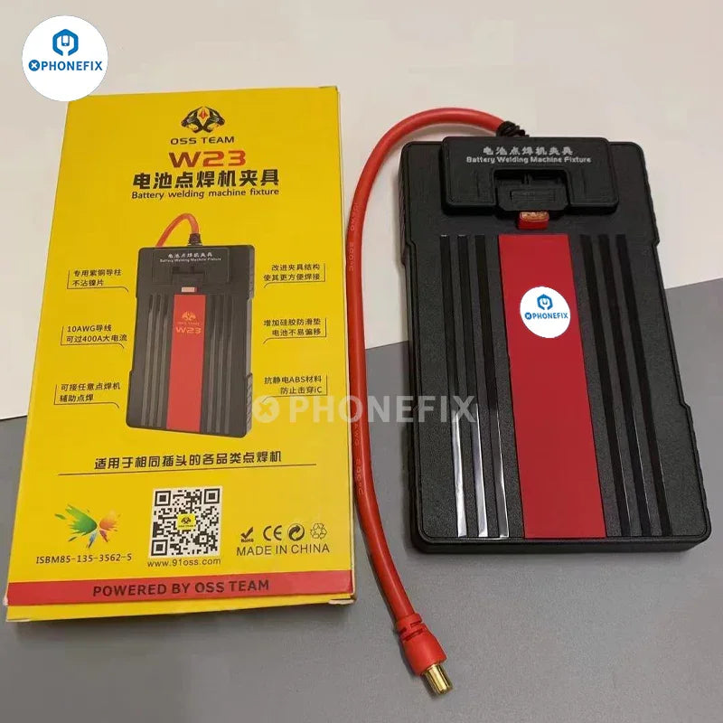 PHONEFIX W23 universal battery fixture for spot welding machine, used as PCB soldering tool for secure battery connections.