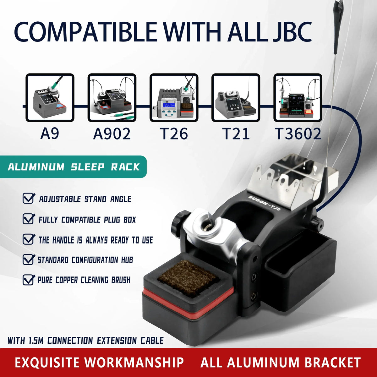 Phonefix TJ6 Stand Sleep Seat Holder for JBC, Sugon, Aifen soldering stations, PCB soldering tool accessory with metal construction.