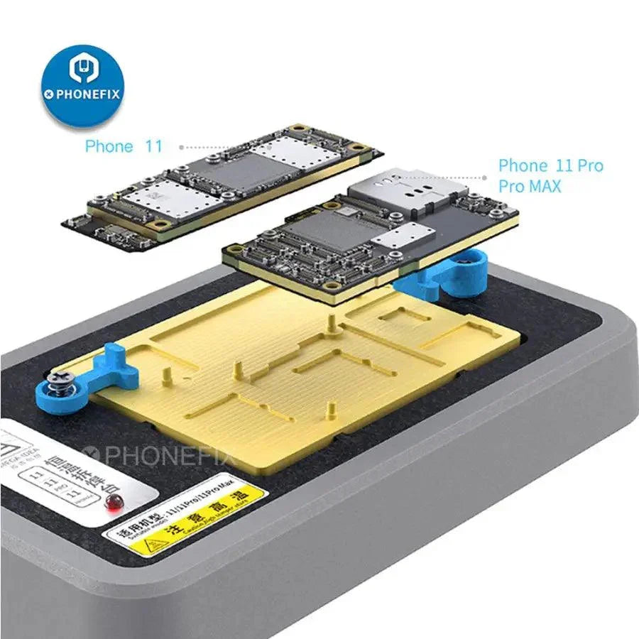 PHONEFIX MEGA-IDEA preheater PCB soldering platform for iPhone X and 11 Pro Max, used for precise PCB heating during repair.