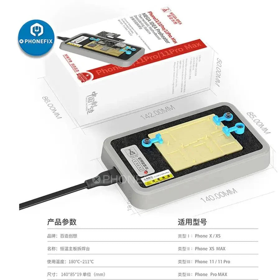 PhoneFix MEGA-IDEA preheater PCB soldering platform for iPhone X to 11 Pro Max, used in electronics repair and soldering.