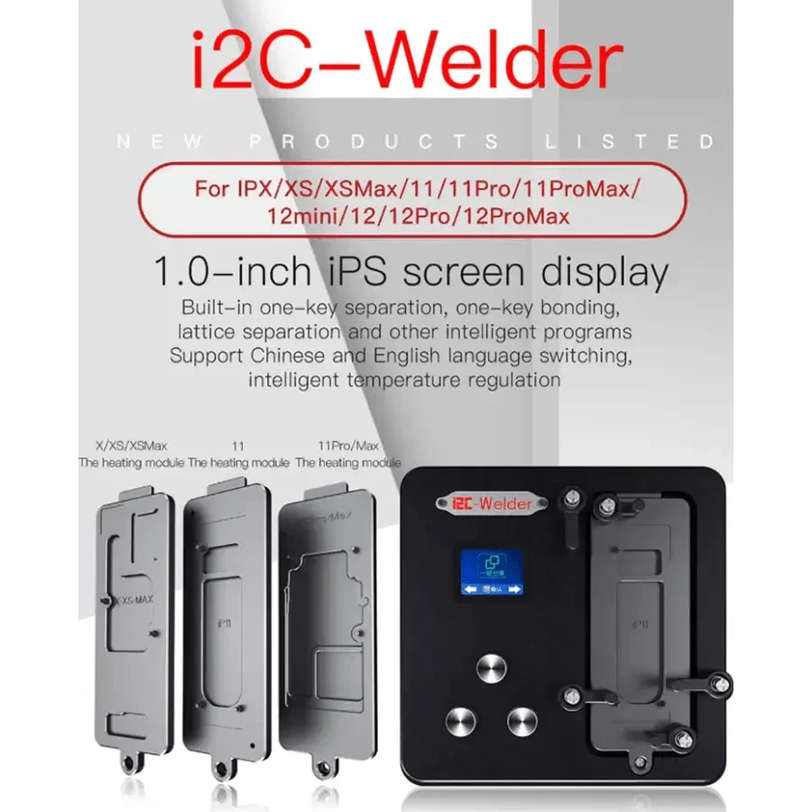 i2C-Welder intelligent desoldering platform for iPhone X-14 Pro Max, PCB soldering tool by PHONEFIX, shown on a workspace.