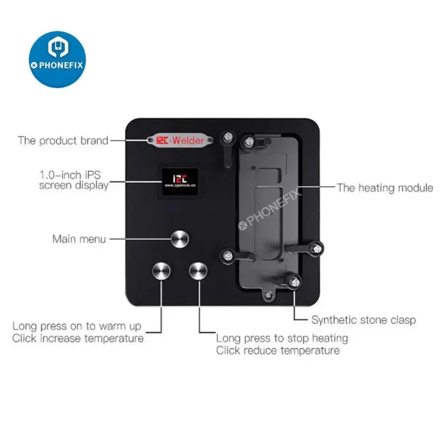 PhoneFix i2C-Welder intelligent desoldering platform for iPhone X-14 Pro Max, PCB soldering tool with multiple functions and 110V power.