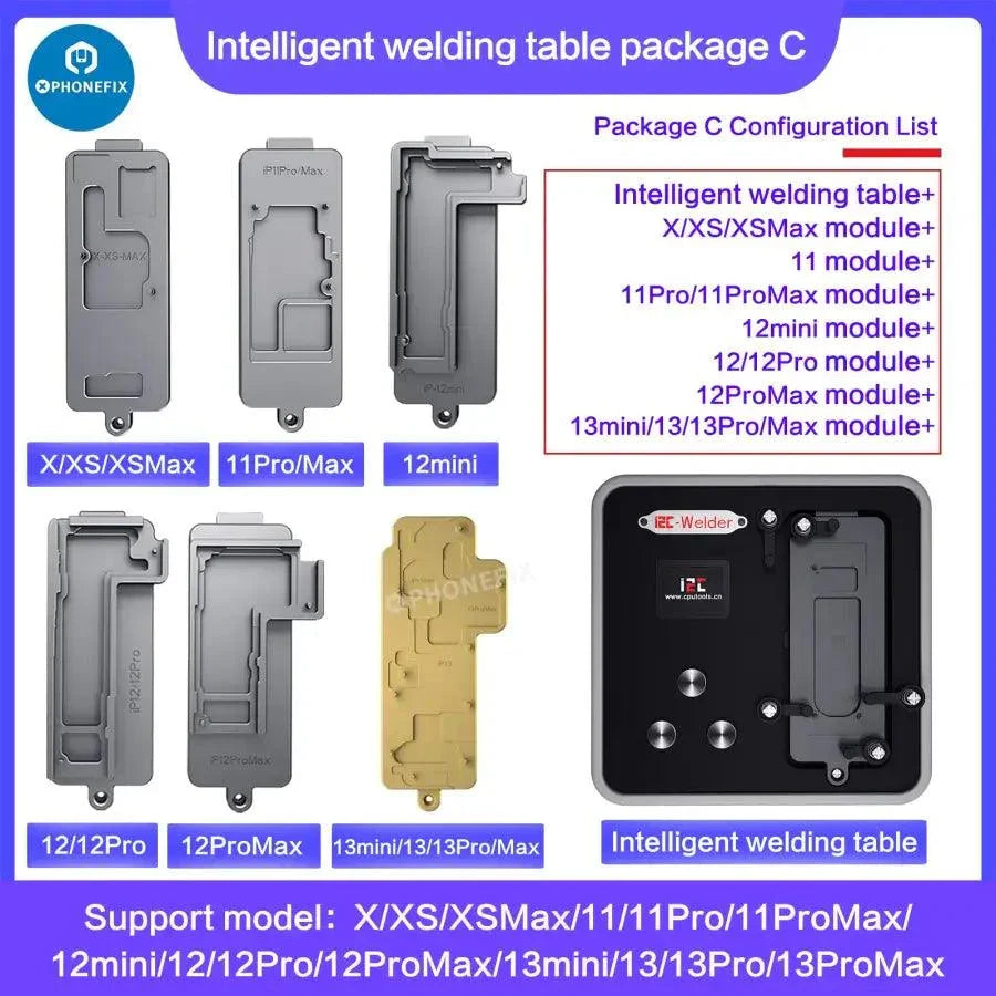 PhoneFix i2C-Welder intelligent desoldering platform for iPhone X-14 Pro Max, showcasing PCB soldering tools with electronic components.
