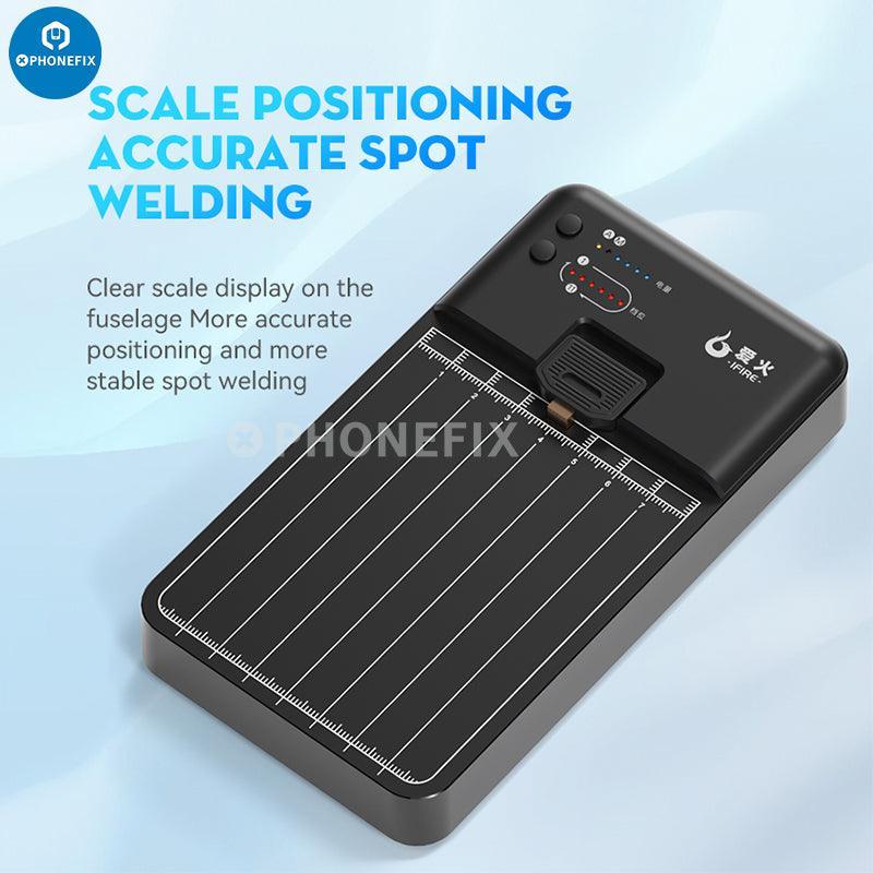 MC1 Mini Spot Welding Machine for iPhone battery flex repair, PCB soldering tool by PHONEFIX, shown with welding tips and controls