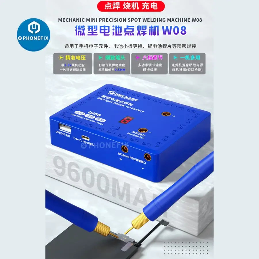 PHONEFIX Mechanic W08 Mini Precision Spot Welding Machine for battery repair, compact PCB soldering tool with detailed components.