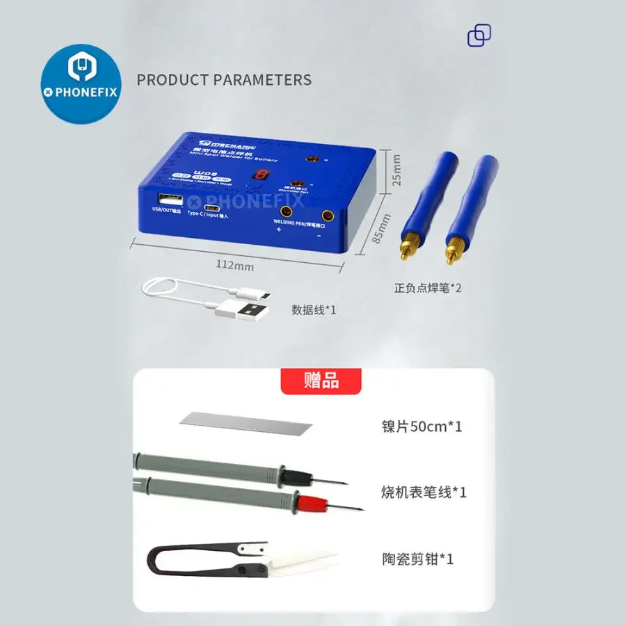 PHONEFIX W08 Mini Precision Spot Welding Machine for battery repair, compact PCB soldering tool with metal welding tips.