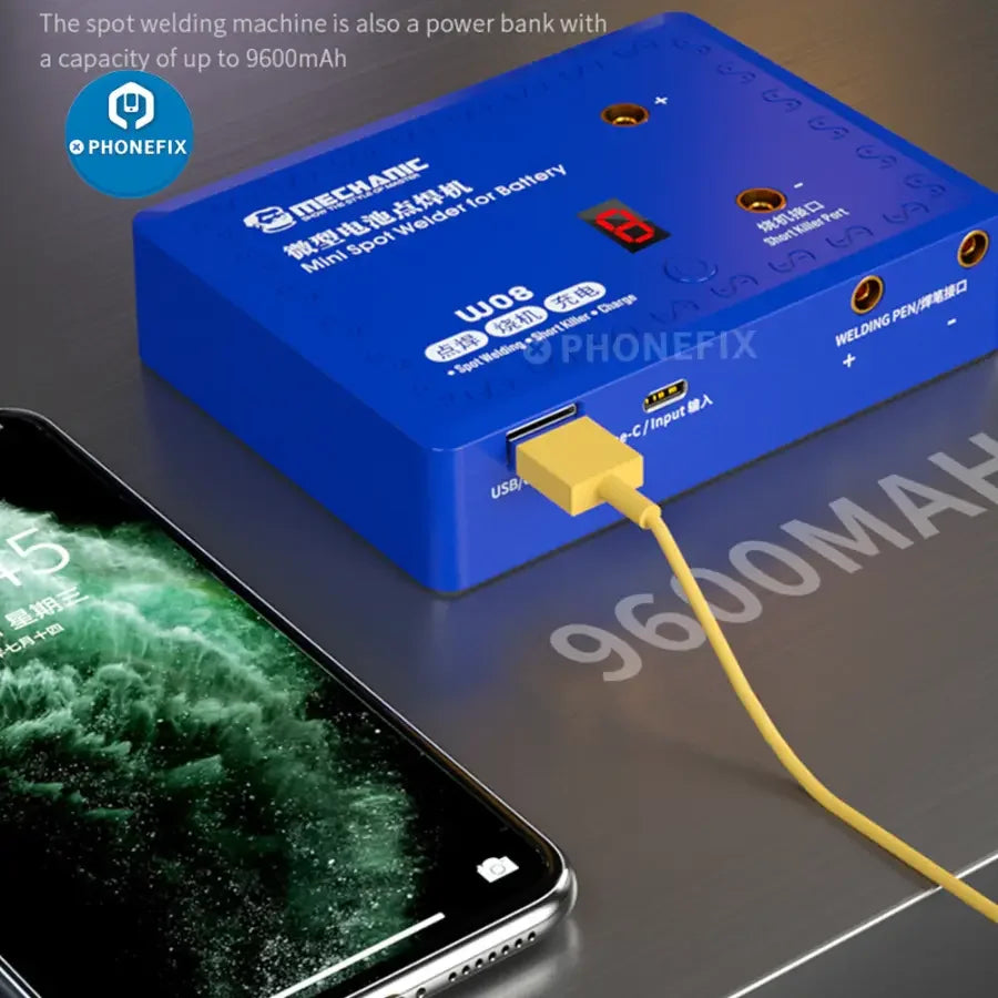 PhoneFix W08 mini precision spot welding machine for battery repair, compact PCB soldering tool with detailed welding tips.