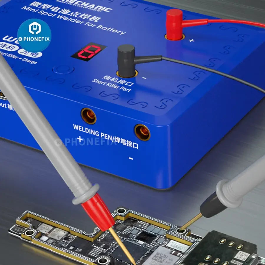 Phonefix W08 Mini Precision Spot Welding Machine for battery repair, compact PCB soldering tool with metal welding tips, used for electronics.