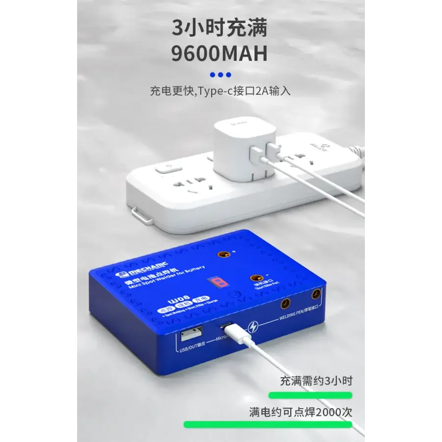 PHONEFIX W08 Mini Precision Spot Welding Machine for battery repair, compact PCB soldering tool with metal welding tips.