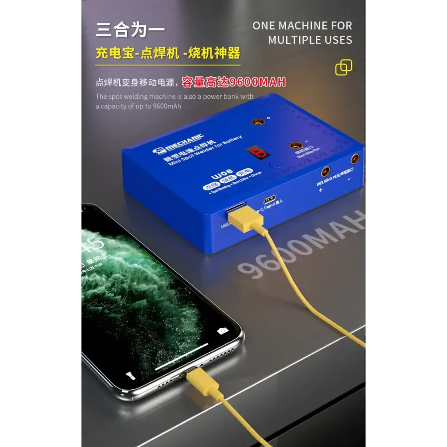 PhoneFix W08 Mini Precision Spot Welding Machine for battery repair, compact PCB soldering tool with detailed welding tips.