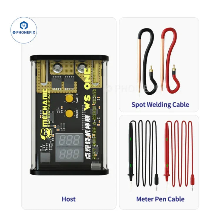 PHONEFIX Mechanic W08 Mini Precision Spot Welding Machine for battery repair, compact PCB soldering tool with detailed components visible