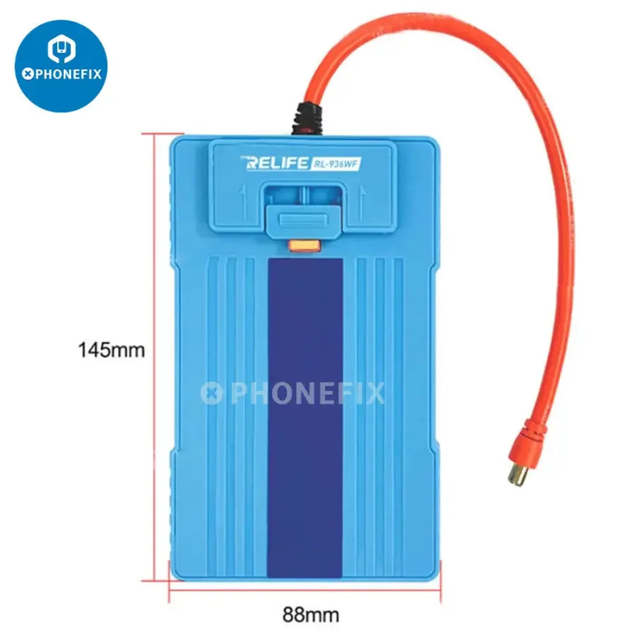 Relife RL-936WF battery spot welding machine fixture for PCB soldering, used in electronics repair and assembly.