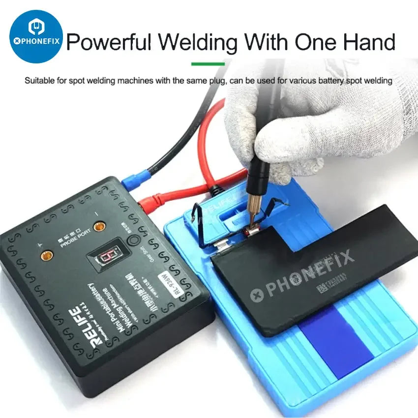 Relife RL-936WF Battery Spot Welding Machine Fixture for PCB soldering, shown with metal clamps and electronic components.