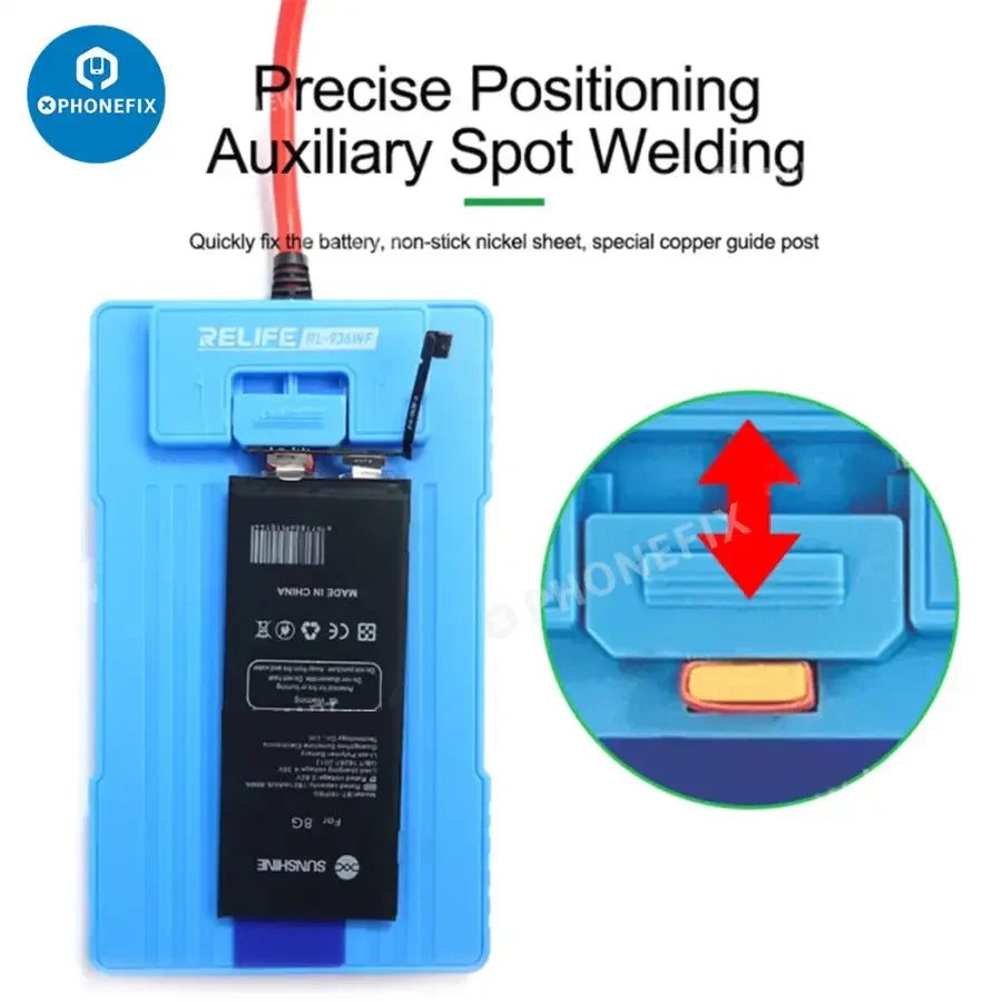 Relife RL-936WF Battery Spot Welding Machine Fixture for PCB soldering, used for precise welding in electronic repairs.