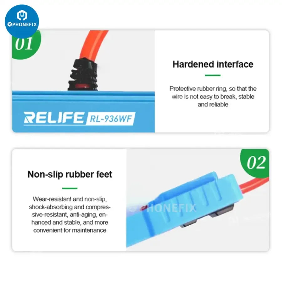Relife RL-936WF Battery Spot Welding Machine Fixture for PCB soldering, used with PHONEFIX welding tools, shown on a workbench.