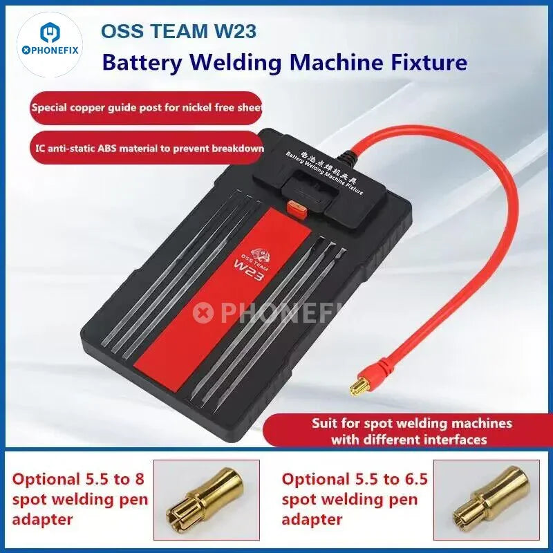 PhoneFix Relife RL-936WF battery spot welding machine fixture for PCB soldering, shown in the OSSW23-1 image.