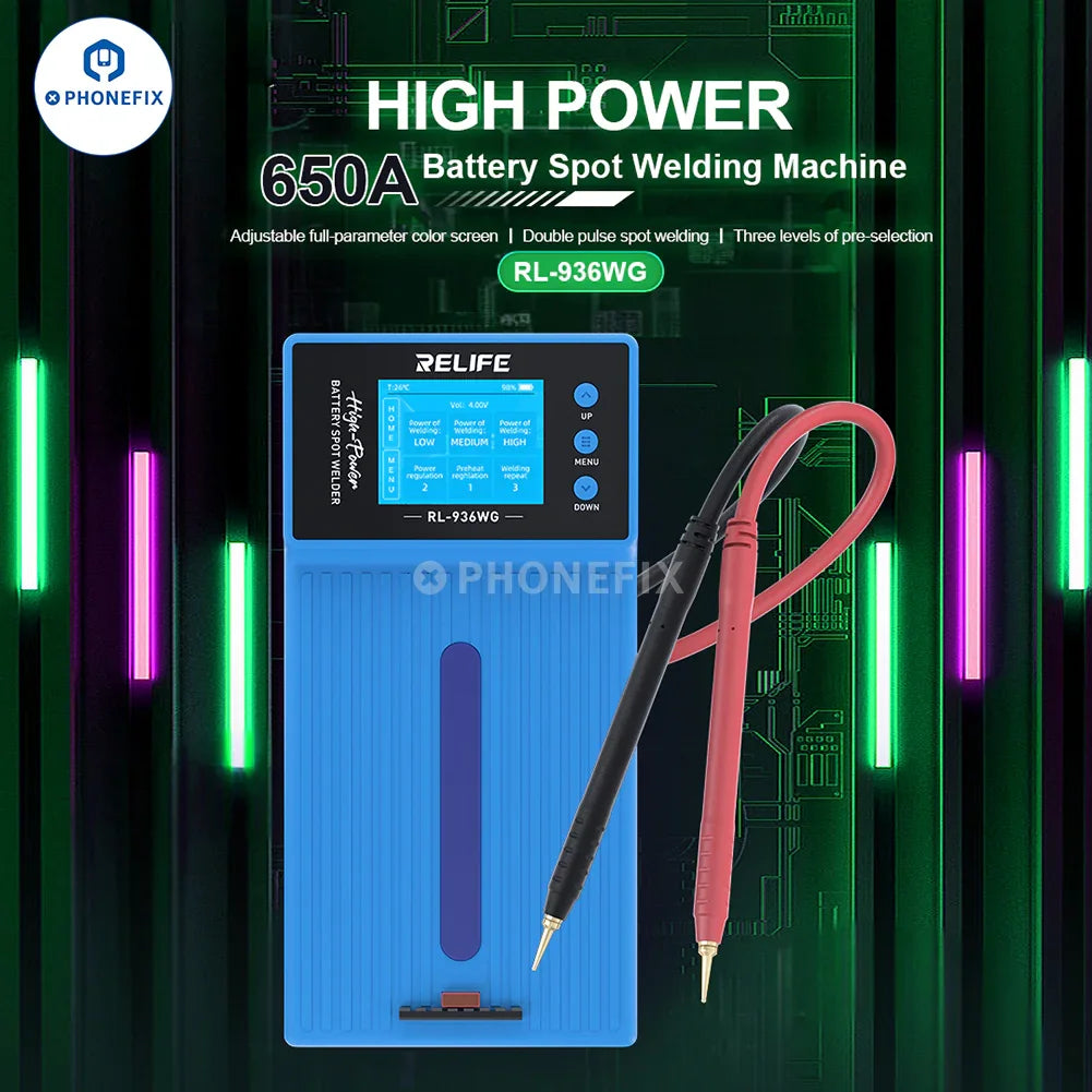 Relife RL-936WF Battery Spot Welding Machine fixture for PCB soldering, compatible with PHONEFIX welding tools.