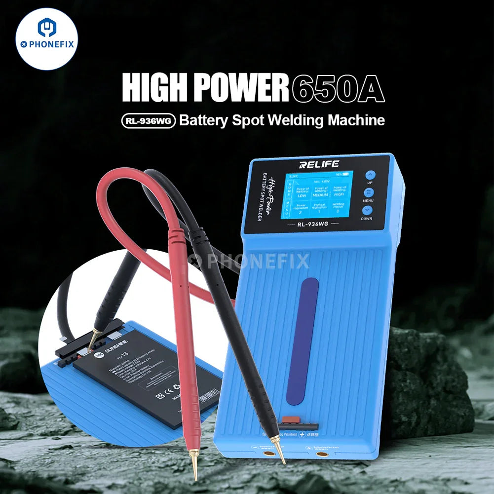 Relife RL-936WF battery spot welding machine fixture for PCB soldering, with precise clamps and tools for electronic repairs.