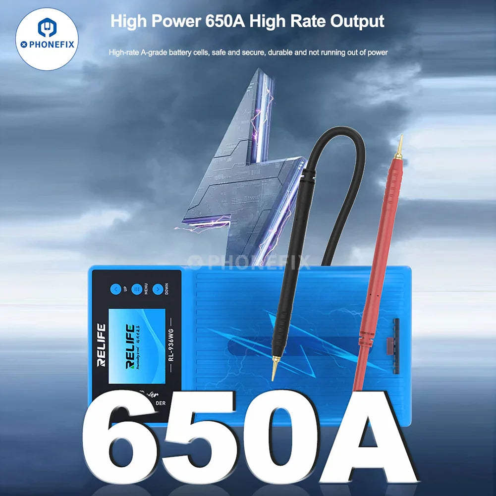 Relife RL-936WF battery spot welding machine fixture for PCB soldering, compatible with PHONEFIX welding tools.