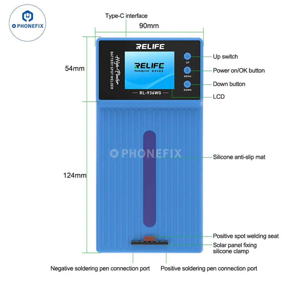PhoneFix RL-936WF battery spot welding machine fixture for PCB soldering, showing precise metal clamp and welding components.