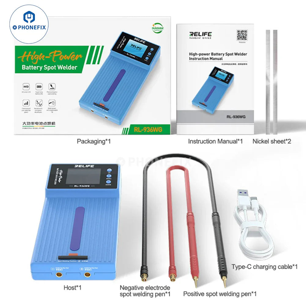Relife RL-936WF PCB battery spot welding machine fixture by PHONEFIX, used for precise soldering and battery assembly.