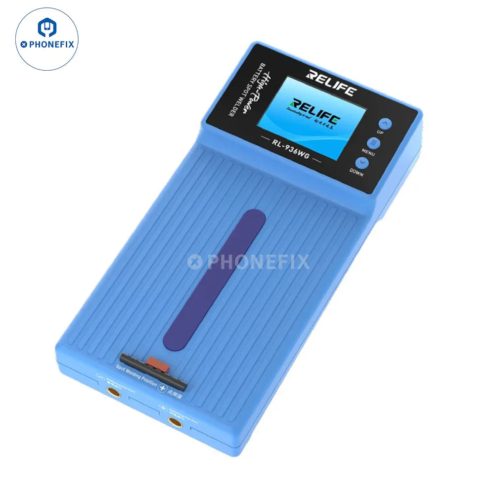 Relife RL-936WF battery spot welding machine fixture for PCB soldering, showing metal clamps and control components.