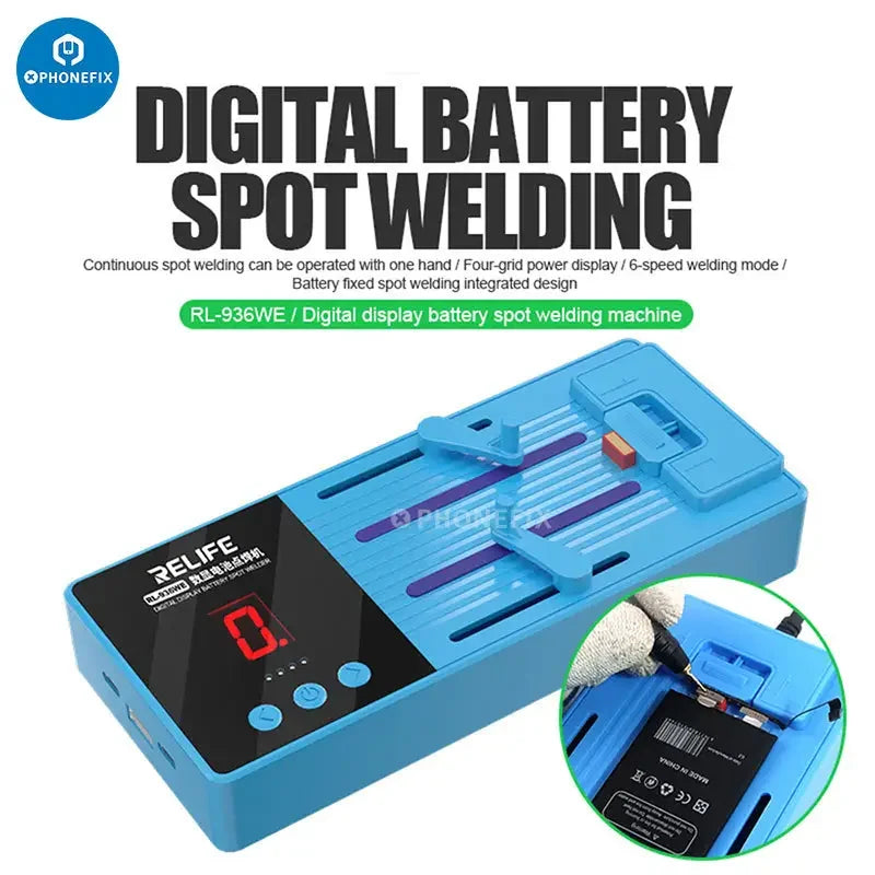 PhoneFix RL-936WE battery spot welding machine used for phone and computer repair, with PCB soldering tools for precise welding.