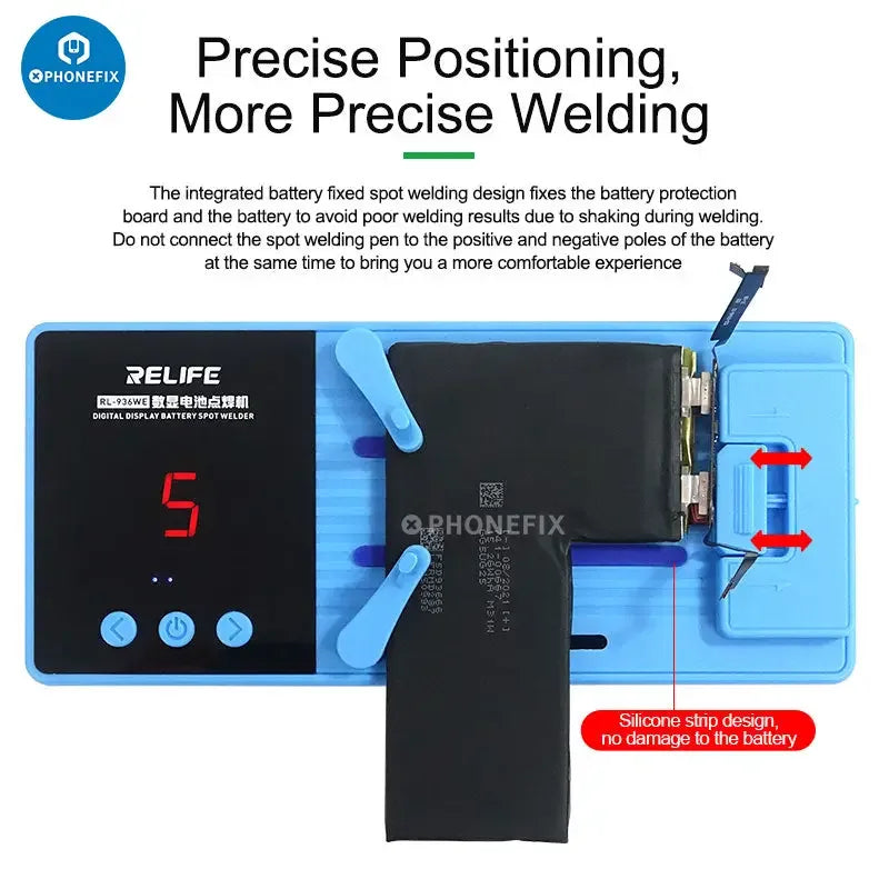 PhoneFix RL-936WE battery spot welding machine for phone and computer repair, PCB soldering tool with compact design.