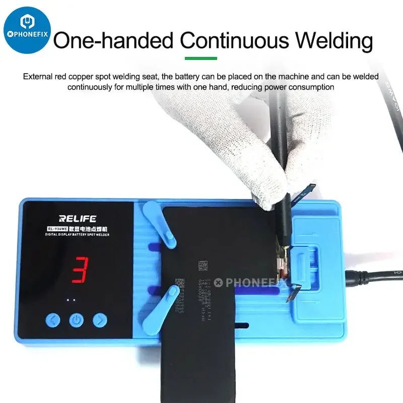 RL-936WE Battery Spot Welding Machine by PHONEFIX for phone and computer repair, used for PCB soldering and battery welding.