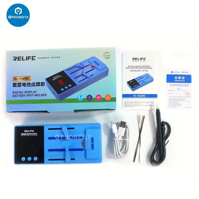 RL-936WE Battery Spot Welding Machine by PHONEFIX for phone and computer repair, used for PCB soldering and battery welding.