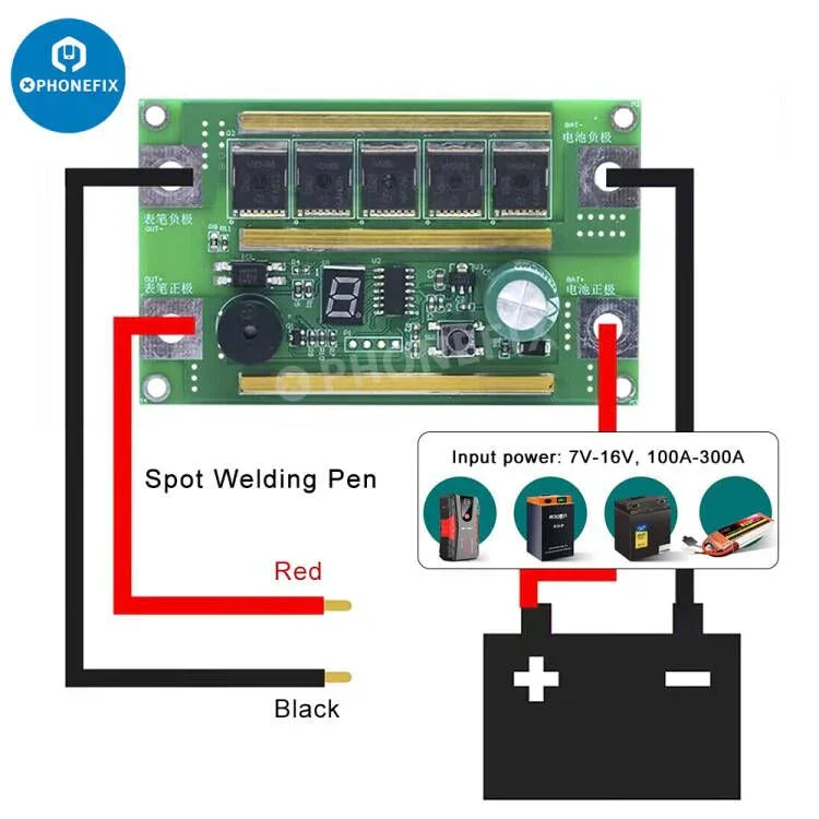 PhoneFix RL-936WE battery spot welding machine for PCB repair, compact portable circuit board soldering tool with welding tips.
