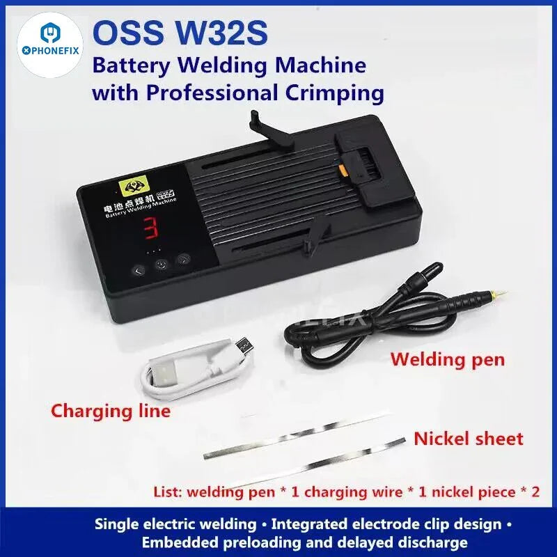PHONEFIX RL-936WE battery spot welding machine used for PCB soldering and phone repair, shown with welding tips and control panel.