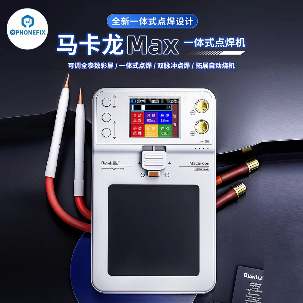 PHONEFIX Macaron Max Spot Welding Machine for iPhone battery pop-up repair, PCB soldering tool with compact design.