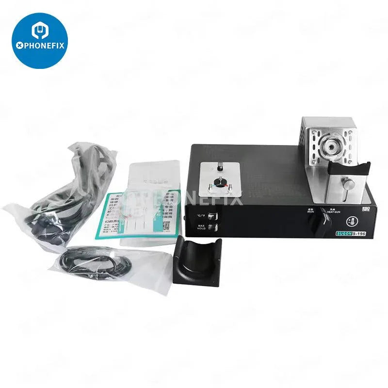 Sugon S-196 temperature tester and hot air soldering station for PCB soldering, by PHONEFIX, with digital thermometer display.