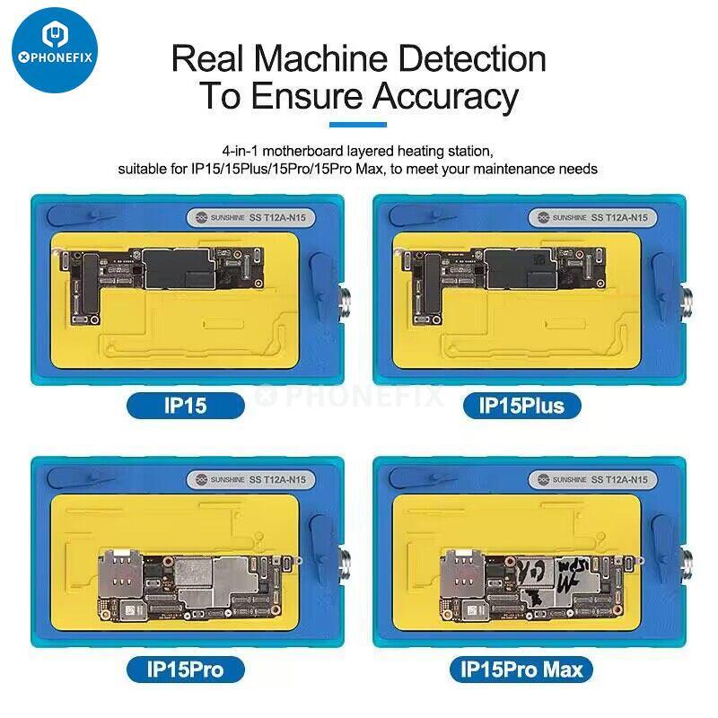 PHONEFIX SS-T12A desoldering pre-heating station for iPhone motherboard, with adjustable controls and PCB soldering tools.