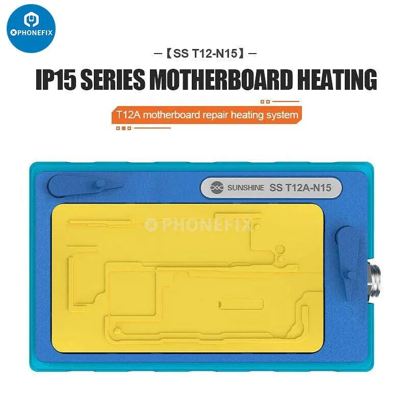 PHONEFIX SS-T12A desoldering pre-heating station for iPhone motherboard, with digital controls and dual heating elements.