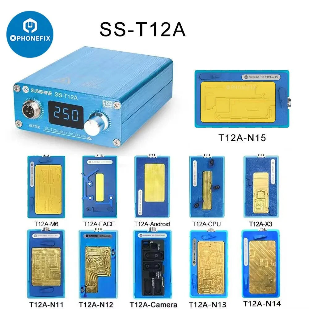 PHONEFIX SS-T12A desoldering pre-heating station for iPhone motherboard, PCB soldering tool with digital controls and heating element.
