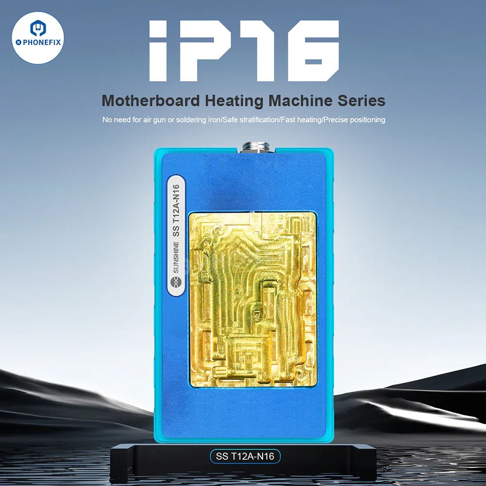 PHONEFIX SS-T12A desoldering pre-heating station for iPhone motherboard, featuring digital controls and heat-resistant handles.