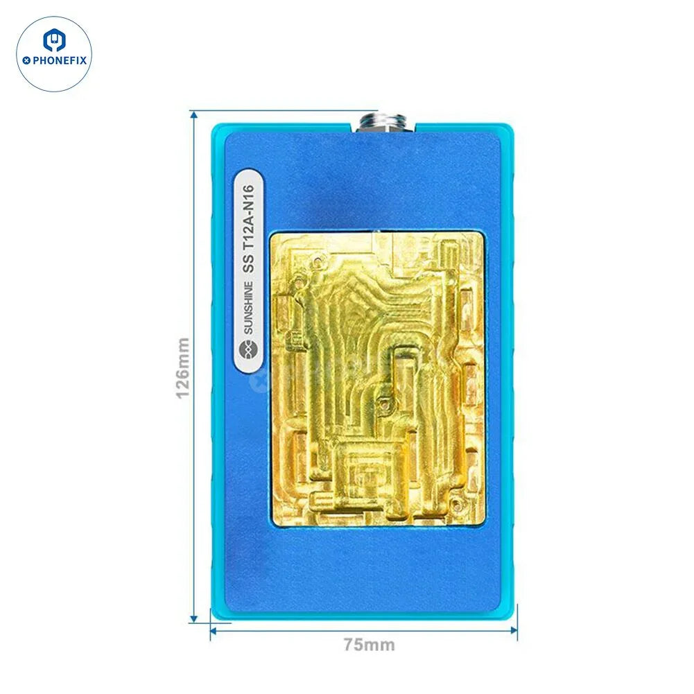 PHONEFIX SS-T12A desoldering pre-heating station for iPhone motherboard, a PCB soldering tool with digital display and control knobs.