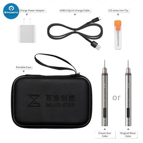 Fer à souder nano électrique à charge rapide MEGA-IDEA 20W de PHONEFIX pour le soudage et la réparation de circuits imprimés, présenté avec un design élégant et une pointe de soudure.