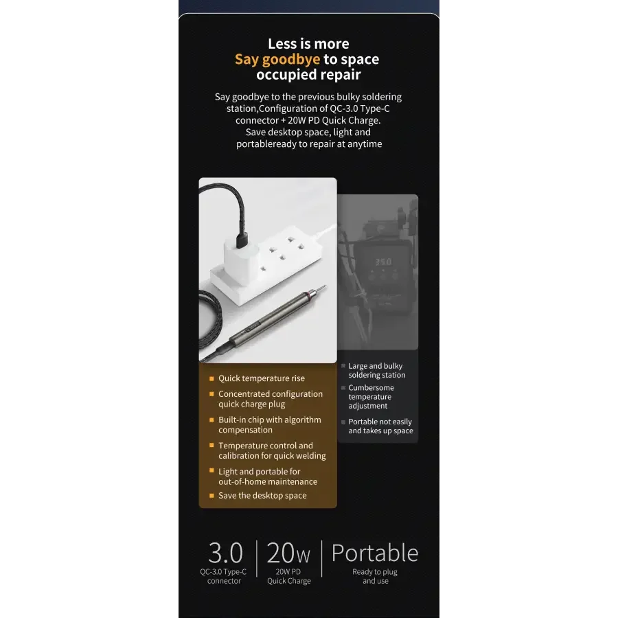 Fer à souder nano électrique MEGA-IDEA 20W à charge rapide pour la réparation et le soudage de circuits imprimés, marque PHONEFIX, outil de soudage compact avec une pointe fine.